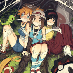  1other 3girls arms_behind_back black_gloves black_hair blue_eyes blue_shorts blue_socks blush bondage bondage bound bound_ankles bound_arms bound_legs bound_torso breasts brown_eyes brown_hair bug cad_(caddo) caterpie cloth_gag crop_top erika_(pokemon) gag gagged gloves hairband hakama hat highres holding holding_poke_ball improvised_gag japanese_clothes kasumi_(pokemon) kimono leaf_(pokemon) long_hair looking_at_viewer medium_breasts midriff miniskirt multiple_girls orange_hair out_of_frame over_the_mouth_gag poke_ball poke_ball_(basic) pokemon pokemon_(creature) porkpie_hat red_hairband red_hakama red_skirt restrained shirt short_hair shorts side_ponytail silk skirt sleeveless sleeveless_shirt socks spider_web tabi team_rocket white_socks yellow_bag yellow_kimono 
