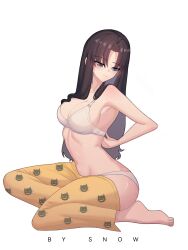  armpits bare_shoulders black_hair blue_eyes bra breasts cat_pajamas fate/stay_night fate_(series) female hair_down highres medium_breasts pajamas panties pants signature sitting solo suhyeon tohsaka_rin underwear white_panties yellow_pajamas yellow_pants 