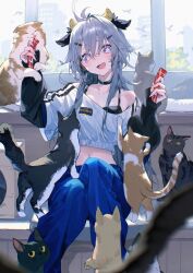  :d animal animal_ears black_bra black_choker black_sleeves blue_eyes blue_pants bra bukurote choker cow_ears cow_girl cow_horns feline female grey_hair hair_ornament highres holding horns long_hair open_mouth original pants shirt smile solo symbol-shaped_pupils too_many too_many_cats underwear very_long_hair white_shirt x-shaped_pupils x_hair_ornament 