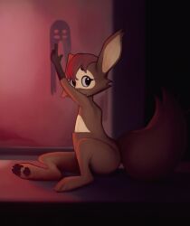  anthro eurasian_red_squirrel female hi_res hybrid kangaroo macropod mammal marsupial noir pouch_(anatomy) rodent sciurid shadow sitting solo tama-tama tree_squirrel unknown_artist wall_(structure) 