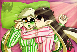  blush callie_(splatoon) cousins female incest marie_(splatoon) morning pajamas splatoon squid_sisters striped_clothing tentacle wake_up yuri 