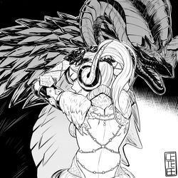  absurdres adjusting_hair armor backless_dress backless_outfit cete_(controllingtime) commentary_request dress female greyscale hand_in_own_hair hands_up highres horns kulve_taroth kulve_taroth_(armor) looking_at_viewer monochrome monster_hunter:_world monster_hunter_(character) monster_hunter_(series) solo tongue tongue_out tying_hair 