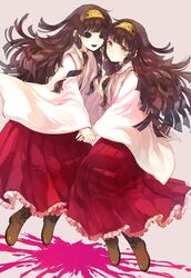  2girls alluka_zoldyck androgynous asawa_(dm_owr) bad_id bad_pixiv_id black_eyes blunt_bangs boots brown_eyes brown_footwear commentary dual_persona floating floating_hair frilled_skirt frills hair_ornament hairband hakama hakama_short_skirt hakama_skirt highres holding_hands hunter_x_hunter japanese_clothes long_hair long_sleeves looking_at_viewer miko multi-tied_hair multiple_girls nanika_(hunter_x_hunter) open_mouth paint_splatter red_skirt simple_background skirt smile smiley_face splatter wide_sleeves 