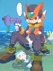  ... 1boy android arm_support bad_id bad_twitter_id black_eyes blonde_hair blue_background cyber_elf_(mega_man) gun helmet holding holding_weapon long_hair mega_man_(series) mega_man_zero_(series) omeehayo sitting sitting_on_water speech_bubble water weapon zero(z)_(mega_man) zero_(mega_man) 