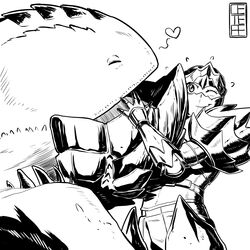  absurdres armor blush cete_(controllingtime) closed_mouth commentary_request dodogama dodogama_(armor) female greyscale happy heart highres monochrome monster_hunter:_world monster_hunter_(character) monster_hunter_(series) one_eye_closed smile solo 