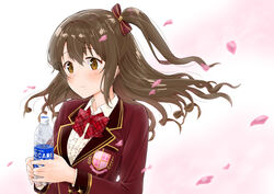  absurdres blazer blush bottle bow brown_eyes brown_hair cherry_blossoms commentary_request female hairbow highres idolmaster idolmaster_cinderella_girls idolmaster_cinderella_girls_starlight_stage jacket long_hair love_letter_(idolmaster) one_side_up pocari_sweat school_uniform shimamura_uzuki solo takuji_yuusaku water_bottle 