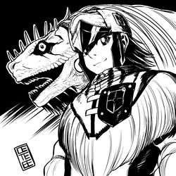  absurdres armor breasts cete_(controllingtime) commentary_request female great_jagras great_jagras_(armor) greyscale highres horns long_hair looking_at_viewer monochrome monster_hunter:_world monster_hunter_(series) open_mouth personification smile solo weapon 