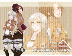  2girls back-to-back blue_eyes blush book brown_hair character_name commentary_request copyright_name crossed_arms emblem garrison_regiment_(emblem) glasses goggles hange_zoe highres jacket kiraki multiple_girls paradis_military_uniform ponytail rico_brzenska shingeki_no_kyojin short_hair silver_hair survey_corps_(emblem) typo uniform zoom_layer 