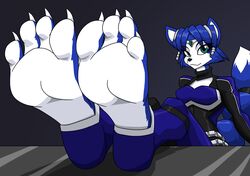  2017 4_toes absurd_res accessory anthro barefoot belt biped blue_body blue_fur blue_hair bodysuit canid canine claws clothing feet female foot_focus fox fur furgonomics green_eyes hair hair_accessory hi_res humanoid_feet jewelry krystal_(star_fox) mammal mostlyfunstuff nintendo plantigrade short_hair signature skinsuit smile soles solo star_fox tail tail_accessory tailband tight_clothing toeless_legwear toes white_body white_fur 