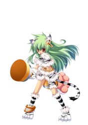  animal_ears animal_hands anklet cat_ears chains crop_top earrings female fighting_stance full_body gloves green_hair highres jewelry koihime_musou kuwada_yuuki long_hair midriff moukaku paw_gloves paw_shoes polearm red_eyes shoes skirt solo tail transparent_background weapon 