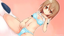  barefoot bed_sheet black_buruma blue_bra blue_panties bow bow_bra bow_panties bra breasts brown_eyes brown_hair buruma cameltoe circle_name closed_mouth commentary_request crotch_seam dutch_angle female frown gym_shirt gym_uniform hanami_yuzuka hand_on_own_leg ico_(green_bullet) lace lace-trimmed_bra lace-trimmed_panties lace_trim lifting_own_clothes looking_at_viewer mahou_shoujo_nante_mou_ii_desukara. medium_breasts navel no_pants on_bed panties pink_background shirt short_hair short_sleeves sitting solo spread_legs t-shirt tearing_up underwear unworn_buruma wariza white_shirt yumehiko 