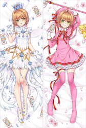  ahoge antenna_hair arm_up bakugadou bed_sheet boots brown_hair capelet card cardcaptor_sakura cherry_blossoms clear_card closed_mouth commentary_request crown crystal dakimakura_(medium) dress female full_body gloves green_eyes hair_intakes hand_up hat high_heels holding holding_staff kinomoto_sakura looking_at_viewer lying multiple_views neck_ribbon on_back open_mouth petals pink_dress pink_footwear pink_hat ribbon short_hair sleeveless staff thigh_boots thigh_gap thighhighs white_footwear white_gloves yume_no_tsue 