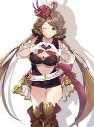  ahoge bad_id bad_pixiv_id belt blush boots breasts brown_hair cleavage detached_sleeves female gloves gold_trim granblue_fantasy harie_(granblue_fantasy) hat heart highres knee_boots long_hair looking_at_viewer navel neckerchief one_eye_closed parted_bangs purple_eyes red_hat red_neckerchief skirt smile solo thighs twintails ultone_(neisiss) very_long_hair white_gloves 