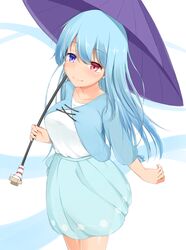  alternate_hair_length alternate_hairstyle blue_eyes blue_hair blue_skirt blush breasts collarbone commentary_request female garasuita heterochromia highres large_breasts long_hair looking_at_viewer looking_up oil-paper_umbrella red_eyes skirt smile solo tatara_kogasa touhou umbrella 