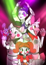  2017 animatronic anthro ballora_(fnafsl) bear bow_(feature) bow_tie canid canine circus_baby_(fnaf) clothing cristalwolf567 female five_nights_at_freddy&#039;s fox funtime_foxy_(fnafsl) funtime_freddy_(fnafsl) fur group hair hat headgear headwear hi_res humanoid lagomorph leporid machine male mammal puppet puppet_bonnie_(fnafsl) rabbit robot scottgames simple_background sister_location top_hat 