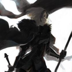  armor armored_dress black_cape blurry blurry_background cape commentary_request cowboy_shot fate/grand_order fate_(series) female flag flagpole fur_collar gauntlets headpiece holding holding_flag holding_sword holding_weapon jeanne_d&#039;arc_alter_(avenger)_(fate) jeanne_d&#039;arc_alter_(avenger)_(first_ascension)_(fate) jeanne_d&#039;arc_alter_(fate) looking_afar short_hair simple_background solo sword toooka tsurime weapon white_background white_hair yellow_eyes 