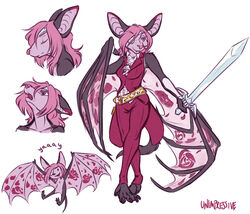  2015 anthro bat chest_tuft clothed clothing cravat crystal eye_patch eyewear female flat_colors flower fur hair knight mammal melee_weapon membrane_(anatomy) membranous_wings model_sheet nyxis pink_body pink_fur pink_hair plant purple_eyes realistic_wings rose_(flower) solo sword tuft uniform unimpressive_(artist) warrior weapon wings 