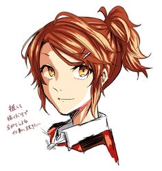  aquila_(kantai_collection) bangs banned_artist closed_mouth collared_shirt commentary face hair_ornament hairclip high_ponytail highres kantai_collection long_hair looking_at_viewer orange_hair ponytail portrait saki_tsurugi shirt simple_background smile solo swept_bangs translation_request wavy_hair white_background white_shirt yellow_eyes 