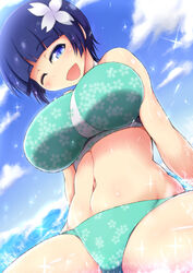  bare_shoulders blue_eyes blue_hair blush breasts female female hair_ornament happy large_breasts navel one_eye_closed open_mouth ponpo senran_kagura short_hair smile solo swimsuit wet yozakura_(senran_kagura) 