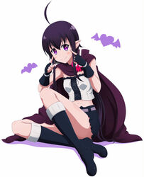  ahoge bad_id bad_pixiv_id black_hair cape female fingerless_gloves full_body gloves guri highres ishida_seito looking_at_viewer midriff miniskirt navel photoshop_(medium) pointy_ears purple_eyes ren&#039;ai_boukun sitting skirt smile solo white_background 