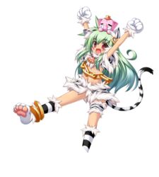  animal_ears animal_hands anklet arms_up cat_ears chains crop_top earrings elephant female full_body gloves green_hair highres jewelry koihime_musou kuwada_yuuki long_hair midriff moukaku navel oerba_yun_fang open_mouth paw_gloves paw_shoes red_eyes shoes skirt smile solo tail transparent_background 