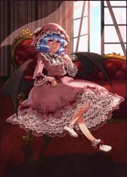  bat_wings blue_hair commentary_request female frills hat hat_ribbon red_eyes remilia_scarlet ribbon sitting solo touhou urita_(vivivinicol) wide_sleeves wings 