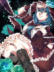  boots commentary_request cross-laced_footwear female frills front_ponytail green_eyes green_hair hair_ribbon kagiyama_hina lace-up_boots ribbon solo touhou urita_(vivivinicol) 