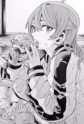  bad_id bad_twitter_id burger cup disposable_cup eating elbows_on_table enokida_mai female food food_wrapper from_side greyscale highres holding holding_food indoors jacket long_hair long_sleeves looking_at_viewer messy monochrome nakajima_ryou ranker&#039;s_high solo sweatdrop teeth upper_body 