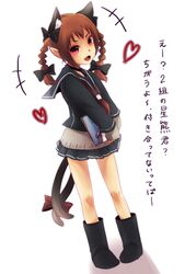  alternate_costume animal_ears bad_id bad_pixiv_id black_serafuku boots braid cat_ears cat_tail contemporary fangs female hair_ribbon kaenbyou_rin red_eyes red_hair ribbon school_uniform serafuku solo tail touhou translated twin_braids urita_(vivivinicol) 