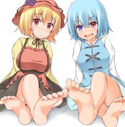  2girls :d :o aki_minoriko apron aqua_hair aqua_skirt aqua_vest barefoot black_choker black_skirt blonde_hair blouse blue_eyes breasts choker collared_shirt commentary_request crossed_ankles crossed_legs feet food foot_focus fruit garasuita grapes hair_between_eyes hat heterochromia juliet_sleeves large_breasts long_sleeves looking_at_viewer multiple_girls open_mouth puffy_sleeves red_apron red_eyes red_hat ribbon_choker shirt simple_background sitting skirt smile soles suspenders tatara_kogasa toe-point toes touhou vest white_background white_shirt 