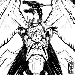  absurdres armor cete_(controllingtime) commentary_request female greyscale hands_up highres legiana legiana_(armor) looking_at_viewer monochrome monster_hunter:_world monster_hunter_(character) monster_hunter_(series) open_mouth solo wings 