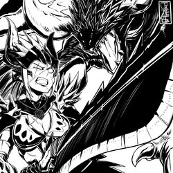  absurdres angry armor breasts cete_(controllingtime) commentary_request dragon female greyscale highres horns monochrome monster_hunter:_world monster_hunter_(character) monster_hunter_(series) nergigante nergigante_(armor) scar screaming solo weapon 