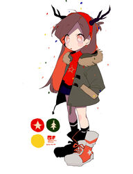  antlers black_socks blush brown_hair commentary_request convenient_censoring copyright_name cross-laced_footwear dated female full_body fur_trim gomoku_(gomoku418) gravity_falls hairband hands_in_pockets highres hood hood_down hooded_jacket horns jacket kneehighs long_hair long_sleeves looking_at_viewer mabel_pines miniskirt shoes simple_background skirt sneakers socks solo standing star_(symbol) star_print sweater turtleneck white_background 