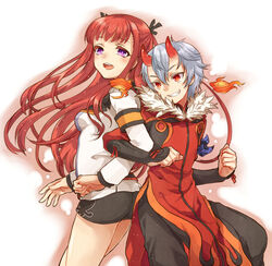  1boy :d arca_(summon_night) arm_guards armband back-to-back belt commentary_request female fire fur_collar grin horns irouha kagerou_(summon_night) locked_arms long_hair miniskirt open_mouth purple_eyes red_eyes red_hair short_hair silver_hair skirt smile summon_night summon_night_5 two_side_up 