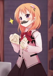  bassa black_skirt blush bow bowtie breasts brick_wall buttons collared_shirt commentary_request cowboy_shot cup drinking_glass drying fake_facial_hair fake_mustache female gochuumon_wa_usagi_desu_ka? hair_ornament hairclip highres holding holding_cup hoto_cocoa indoors long_sleeves looking_at_viewer nail_polish orange_hair paper_towel pink_shirt pink_vest purple_eyes rabbit_house_uniform red_bow red_bowtie shirt short_hair skirt small_breasts solo sparkle vest waitress wine_glass 