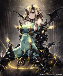  armor bare_shoulders blonde_hair blush bodysuit breasts covered_navel demon_girl demon_tail demon_wings elbow_gloves empusa_(shingeki_no_bahamut) female gauntlets gloves greaves green_eyes horns large_breasts len_(a-7) long_hair photoshop_(medium) pointy_ears shingeki_no_bahamut sideboob solo tail wings 