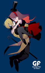  1boy arms_around_neck bill_cipher black_footwear black_gloves black_hat black_legwear black_shirt blonde_hair blue_background blush brown_hair cane carrying character_name closed_mouth commentary_request copyright_name eye_contact face-to-face female formal from_side full_body gloves gomoku_(gomoku418) gravity_falls hairband hat highres long_hair long_sleeves looking_at_another mabel_pines pants pantyhose personification red_eyes red_skirt shirt shoes short_hair simple_background skirt sleeveless smile straight suit tailcoat top_hat 