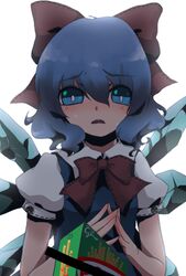  bad_id bad_pixiv_id blue_hair bow cirno collared_shirt female hair_between_eyes hair_ribbon hairbow ice ice_wings looking_at_viewer open_mouth puffy_short_sleeves puffy_sleeves ribbon shirt short_hair short_sleeves smile solo steepled_fingers teeth touhou upper_teeth_only urita_(vivivinicol) white_shirt wings 