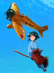  1boy a5m aircraft airplane black_hair blush broom broom_riding commentary_request day female flying glasses ground_vehicle hakama hakama_skirt inui_(jt1116) japanese_clothes looking_at_another looking_at_viewer machinery miko motion_blur motor_vehicle open_mouth original outdoors pilot propeller red_hakama riding short_hair sidesaddle skirt sky vehicle_focus witch 