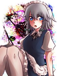  apron blue_eyes braid commentary_request female grey_hair hair_ribbon izayoi_sakuya maid_headdress partial_commentary ribbon solo touhou twin_braids urita_(vivivinicol) waist_apron 