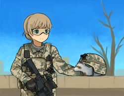  acog assault_rifle blue_eyes bulletproof_vest camouflage commentary_request female ferret gloves goggles gun hagiwara_(kururabo02) helmet load_bearing_vest m4_carbine military military_uniform original radio radio_transceiver rifle smile solo uniform united_states_army urban_camouflage weapon 