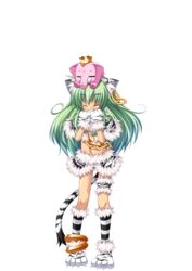  animal_ears animal_hands anklet cat_ears chains closed_eyes crop_top earrings elephant female full_body gloves green_hair grin highres jewelry koihime_musou kuwada_yuuki long_hair midriff moukaku navel paw_gloves paw_shoes shoes skirt smile solo tail transparent_background 