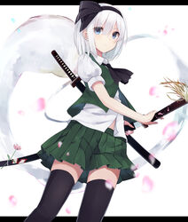  ascot black_thighhighs blue_eyes commentary_request female hair_ribbon highres huuyu_1z katana konpaku_youmu konpaku_youmu_(ghost) letterboxed looking_at_viewer outside_border petals ribbon sheath shirt skirt skirt_set solo sword thighhighs touhou unsheathing vest weapon white_hair zettai_ryouiki 