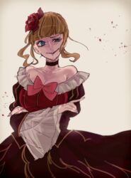  bad_id bad_pixiv_id bare_shoulders beatrice_(umineko) blonde_hair blood blue_eyes blunt_bangs bow breasts chiyo_(min0yoko) choker cleavage crossed_arms dress female flower hair_flower hair_ornament highres huge_breasts long_sleeves off_shoulder pink_bow ribbon solo umineko_no_naku_koro_ni 