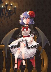  ankle_ribbon bat_wings commentary_request female flower frills hair_flower hair_ornament leg_ribbon light_purple_hair red_eyes remilia_scarlet ribbon solo touhou urita_(vivivinicol) wings wrist_cuffs 