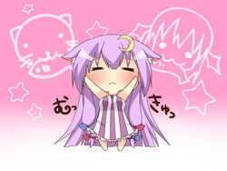  :3 =_= animal_ears arms_up bad_id bad_pixiv_id bow breasts buri_hamachi cat_ears chibi closed_eyes crescent crescent_hair_ornament etou_(cherry7) female hair_ornament hairbow koakuma long_hair medium_breasts patchouli_knowledge purple_hair solid_circle_eyes solo star_(symbol) striped touhou vertical_stripes very_long_hair 