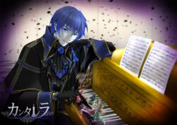  1boy arm_rest ascot bishop_(chess) black_gloves blue_eyes blue_flower blue_hair blue_rose cantarella_(vocaloid) capelet chess_piece flower frills gloves holding instrument itto_maru kaito_(vocaloid) king_(chess) knight_(chess) long_sleeves looking_at_viewer male_focus pale_skin petals piano project_diva_(series) queen_(chess) rook_(chess) rosa_blue_(module) rose sheet_music short_hair sitting sleeve_cuffs smirk solo staff_(music) vocaloid 