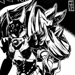  ? absurdres armor cete_(controllingtime) commentary_request fake_horns female full_armor greyscale helmet highres horned_helmet horns monochrome monster_hunter:_world monster_hunter_(character) monster_hunter_(series) radobaan radobaan_(armor) shoulder_spikes solo spikes 