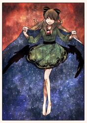  bad_id bad_pixiv_id barefoot black_wings brown_hair cape closed_eyes female hair_ribbon long_hair reiuji_utsuho ribbon solo touhou urita_(vivivinicol) wings 