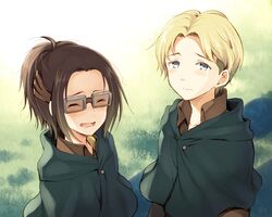  2girls bad_id bad_pixiv_id blonde_hair blue_eyes blush brown_hair cape glasses ha-ru10 hange_zoe laughing multiple_girls nanaba ponytail shingeki_no_kyojin 